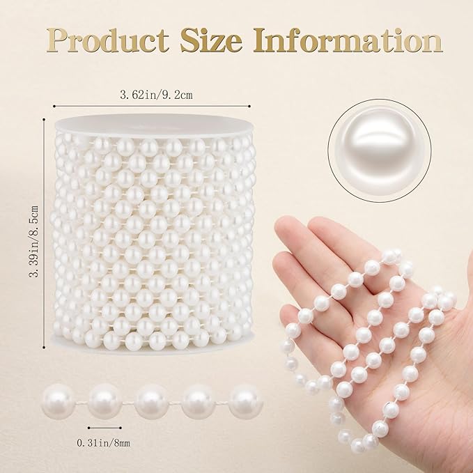 8mm Pearl Garland, 33 Feet Faux Pearl Garland Spool Roll for Wedding Centerpiece Backdrop Christmas Tree and Flowers Decoration DIY Craft (White)