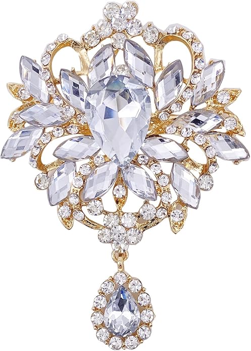LAXPICOL Wedding Bridal Big Brown Crystal Rhinestone Bouquet Brooch Pin for Women Golden Tone