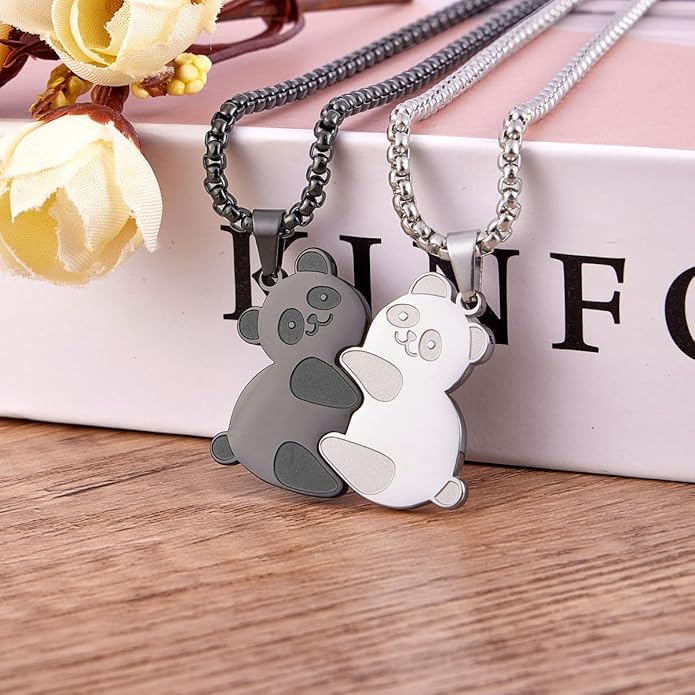 Colentine Panda Couples Necklace Cute Panda Hugging Puzzle Matching Necklaces Gift for Valentines Day