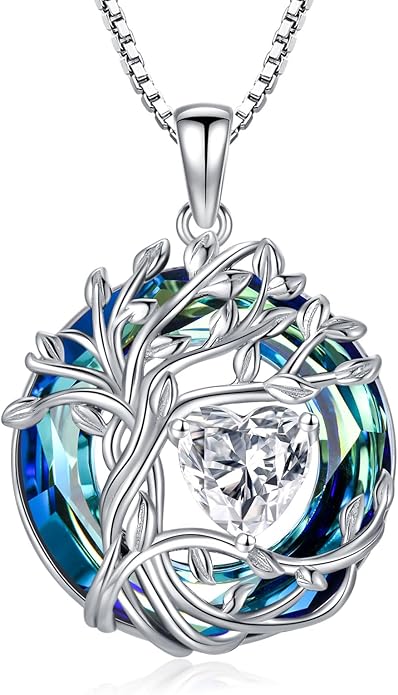 TOUPOP Christmas Gifts Tree of Life Birthstone Necklace 925 Sterling Silver Pendant Austrian Crystal Jewelry Anniversary Birthday Gifts for Women Mom Her Wife