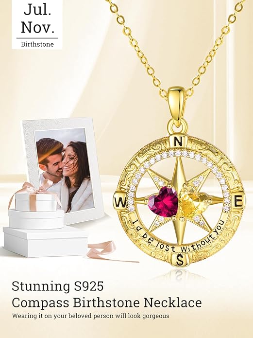 Zeuslia Double Birthstone Necklace Gifts for Wife - 925 Sterling Silver Sunflower/Rose/Crown Cross/Compass/Heart Pendant I Love You Necklace, Anniversary Birthday Gifts for Wife Girlfriend Mom Her