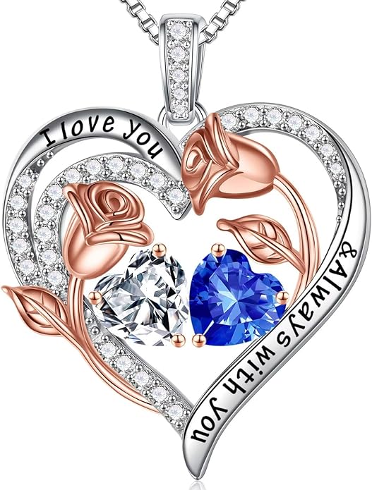 Iefil Birthstone Necklace for Women - 925 Sterling Silver Rose Heart Birthstone Necklace Birthday Anniversary Jewelry Gifts for Her Wife Mom Daughter