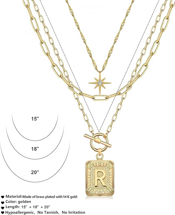 MJartoria Layered Initial Necklaces for Women Trendy, 14K Gold Plated Brass Simple Star Choker Square Letter Pendant Necklace, Paperclip Chain Necklaces Jewelry Gifts