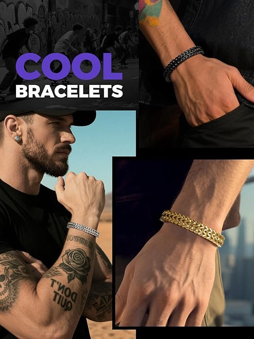 Richsteel Bracelets for Men 6mm/10mm/12mm Width Stainless Steel With Sturdy Clasp Franco Curb Chain Mens Bracelet 7.4/8.2/9 Inches Length
