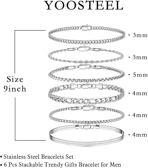 Yoosteel Mens Bracelets - Silver Chain Bracelet Stainless Steel Cuban Link Stack Bracelets Sturdy Rope Paperclip Chains Set 7.5/8.3/9 inches Trendy Jewelry for Men