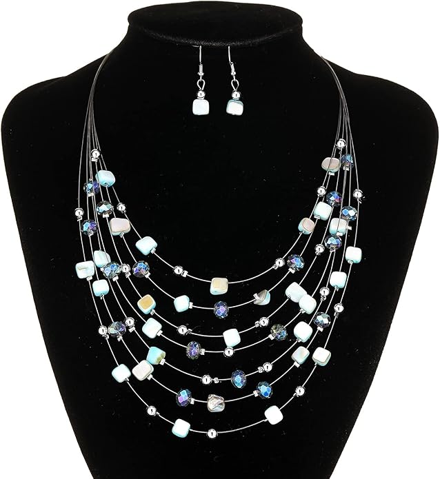 Multi-Layer Boho Shell Beaded Necklace for Women Colorful Crystal Strand with Silver Beads Statement Collars Necklace and Earrings Costumes Jewelry Sets for Women