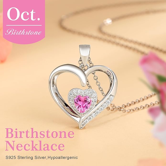 GLIVEOR Heart Birthstone Necklace for Women,S925 Sterling Silver Necklace Birthstone Necklace Heart Necklace for Women Birthday Jewelry Gifts for Women