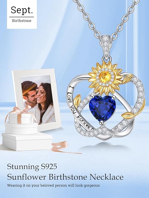 Zeuslia Double Birthstone Necklace Gifts for Wife - 925 Sterling Silver Sunflower/Rose/Crown Cross/Compass/Heart Pendant I Love You Necklace, Anniversary Birthday Gifts for Wife Girlfriend Mom Her