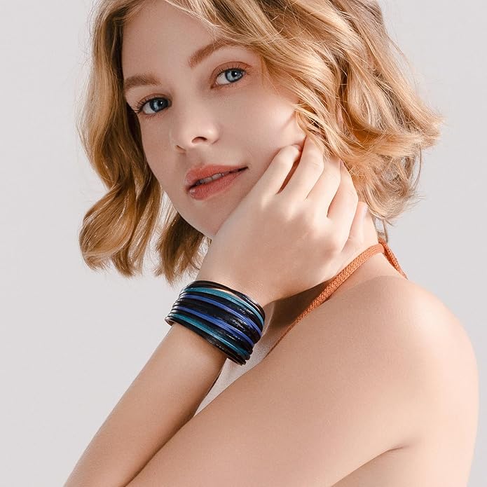 FANCY SHINY Boho Leather Wrap Bracelet Stackable Layered Bangle Cuff with Magnetic Clasp