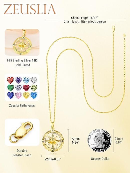 Zeuslia Double Birthstone Necklace Gifts for Wife - 925 Sterling Silver Sunflower/Rose/Crown Cross/Compass/Heart Pendant I Love You Necklace, Anniversary Birthday Gifts for Wife Girlfriend Mom Her