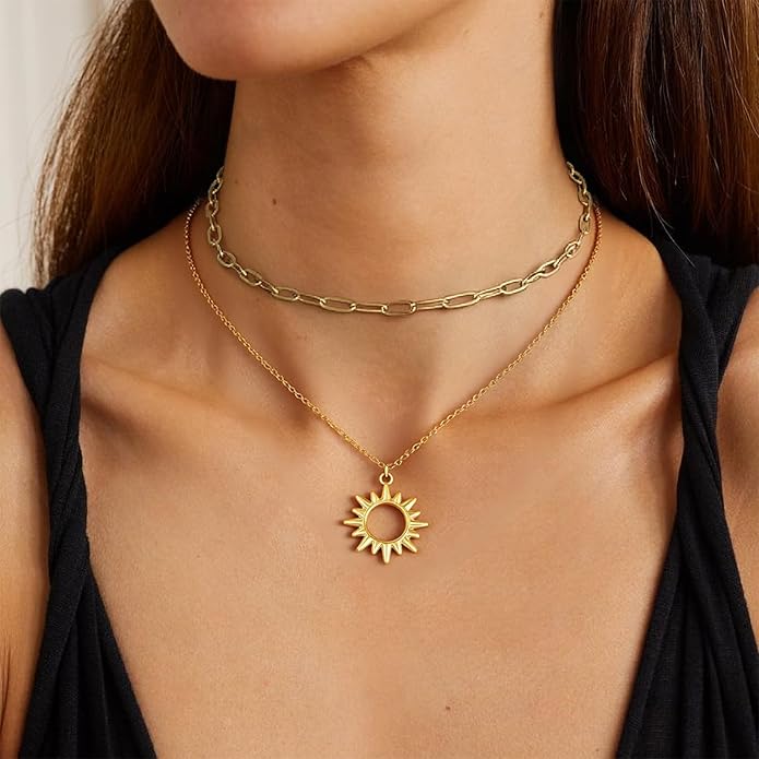 Sunflower Jewellery Layered Gold Dragon Pendant Necklace with Chain Link Choker, Gothic Fantasy Style, Double Chain Design