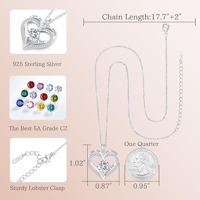 LOUISA SECRET Love Heart Birthstone Necklaces for Women, Birthday Gift for Girlfriend, Anniversary Jewelry Gift for Wife Her, 925 Sterling Silver Women Pendant Necklace, Mother's Day Christams Gift