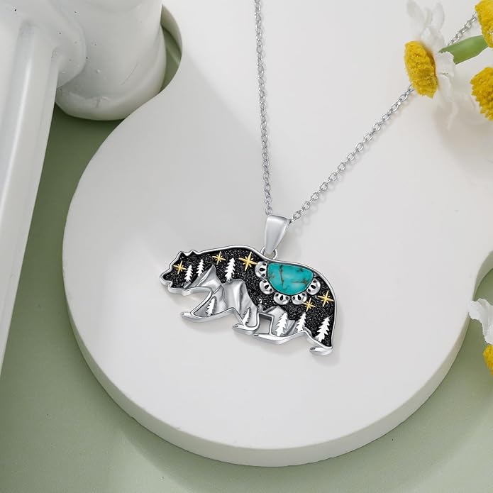 Turquoise Bear Necklace 925 Sterling Silver Genuine Blue Turquoise Vintage Nature Bear Pendant Western Jewelry Gifts for Women