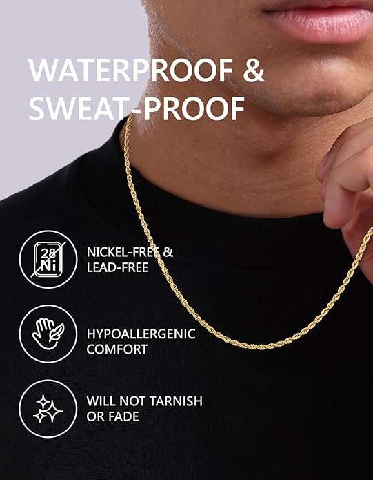 KRKC&CO Rope Chain Necklace for Men, Packaging with Gift Box & Card on Birthday from Mom Dad, 18K / White Gold Plated Chains, Hypoallergenic 316L Stainless Steel, Durable Men Jewelry, 3mm 16-26in