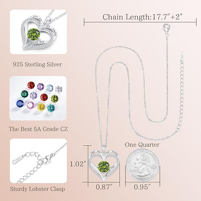 LOUISA SECRET Love Heart Birthstone Necklaces for Women, Birthday Gift for Girlfriend, Anniversary Jewelry Gift for Wife Her, 925 Sterling Silver Women Pendant Necklace, Mother's Day Christams Gift