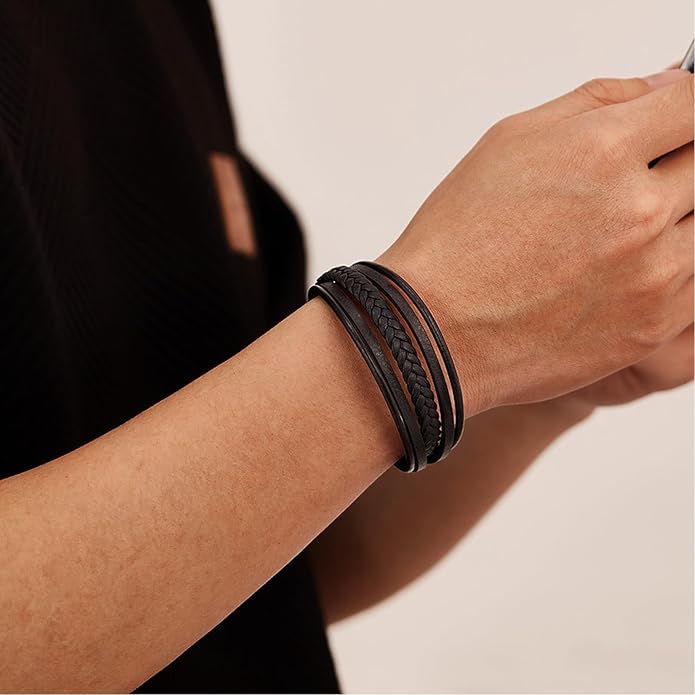Italian Handmade Genuine Leather Bracelets for Men Stainless Steel Clip, Men's Casual Genuine Multi-layer Cuff Bracelet, Bracelet Gift for Real Men