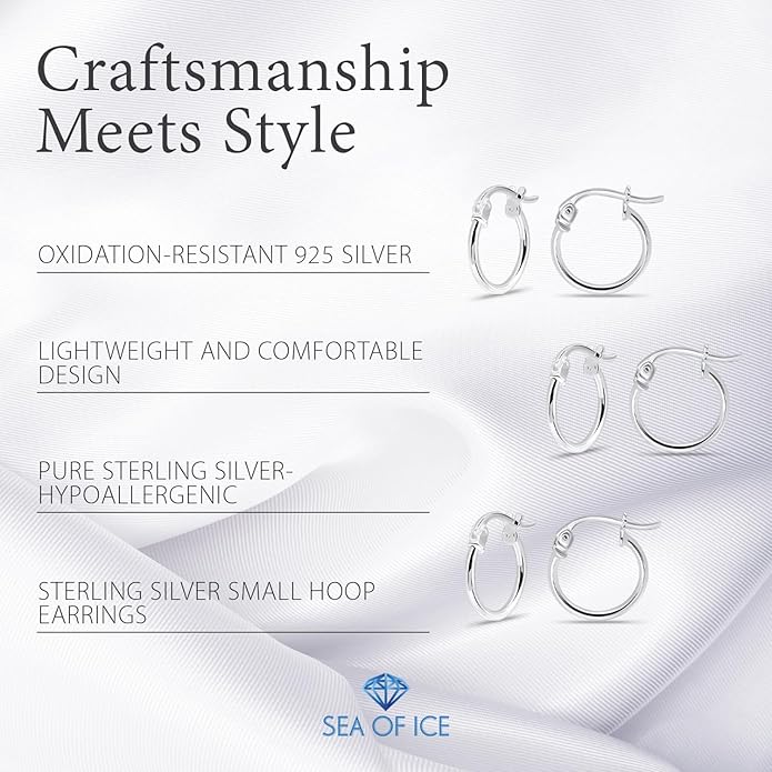 SEA OF ICE 925 Sterling Silver Hoop Earrings for Women - Hypoallergenic Earrings for Women in Sterling Silver, Yellow Gold, Rose Gold or Black Rhodium | Sizes 12MM, 15MM, 20MM or Multipack