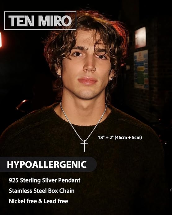 TEN MIRO S925 Sterling Silver Cross Necklace for Men Solid Sterling Silver Cross Pendant Necklace Boys Mens Cross Necklace Jewelry Gifts with Box & Card Birthday Anniversary Christmas Father's Day
