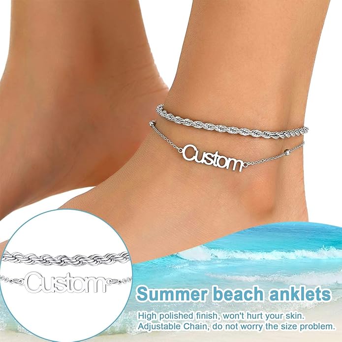U7 Custom Layered Ankle Bracelets for Women Stainless Steel Bead/Cuban/Figaro/Rope/Wheat Chain Anklet Waterproof Anklet Jewelry for Beach Vacation