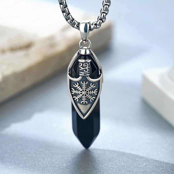 Tiaxiemo Viking Necklace for Men 925 Sterling Silver Black Obsidian Viking Necklace Norse Jewelry Gifts for Men