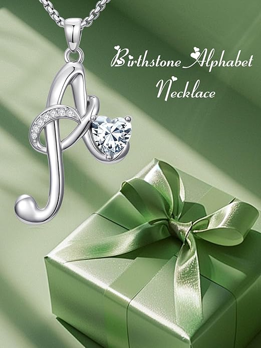Christmas Gifts for Women Alphabet A to Z Initial Birthstone Pendant Necklaces for Women - 18k White Gold Plated Personalized Name Jewelry Valentine Mothers Day Birthday Gifts for Women Her Girlfriend