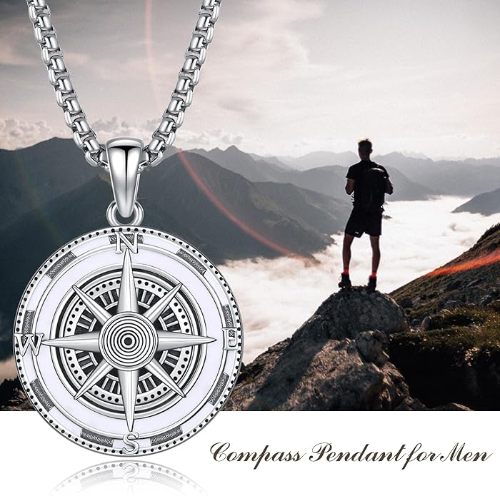 KINGWHYTE Compass Necklace for Men 925 Sterling Silver Birthday Gifts Graduation Travel Jewelry for Husband Brother with Stainless Steel Chain