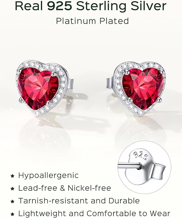 ChicSilver 925 Sterling Silver Birthstone Earrings for Women, 8MM/2 Carat Heart & Round Cubic Zirconia Stud Earrings, Hypoallergenic Jewelry, Ideal Birthday or Christmas Gifts