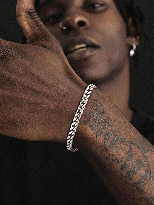 U7 Link Bracelets for Men, Cuban Link/Rope/Watch Band Solid Bracelet, Silver Black Gold Color Wrist Bracelet 3/6/9/12/15mm Width, 6.5/7.5/8.3 Inch Length, Hand Chain Jewelry for Mens Women
