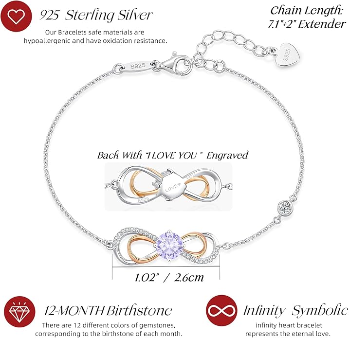 LOUISA SECRET Rose Gold Infinity Heart Bracelet for Women, Adjustable Chain 925 Sterling Silver Link Birthstone Bracelets, Best Anniversary Birthday Jewelry Gifts for Women Mom Wife Her
