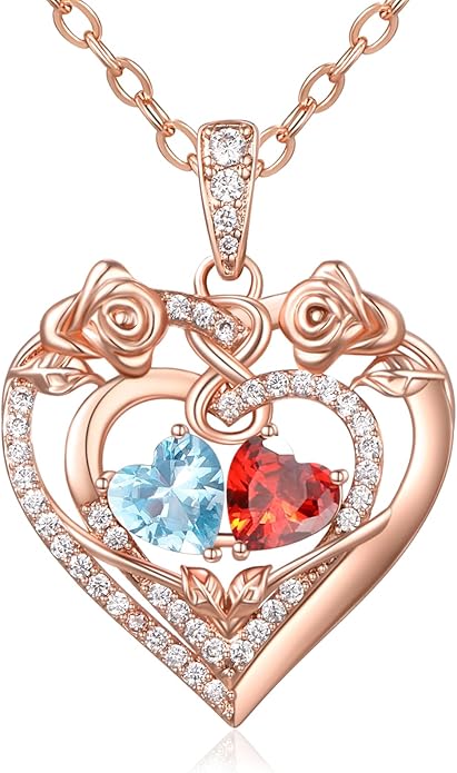 JIYVY32 Rose Heart Necklace for Women Exquisite 925 Sterling Silver Anniversary Birthday Gifts for Wife Mom Her Double Birthstone Pendant Jewelry