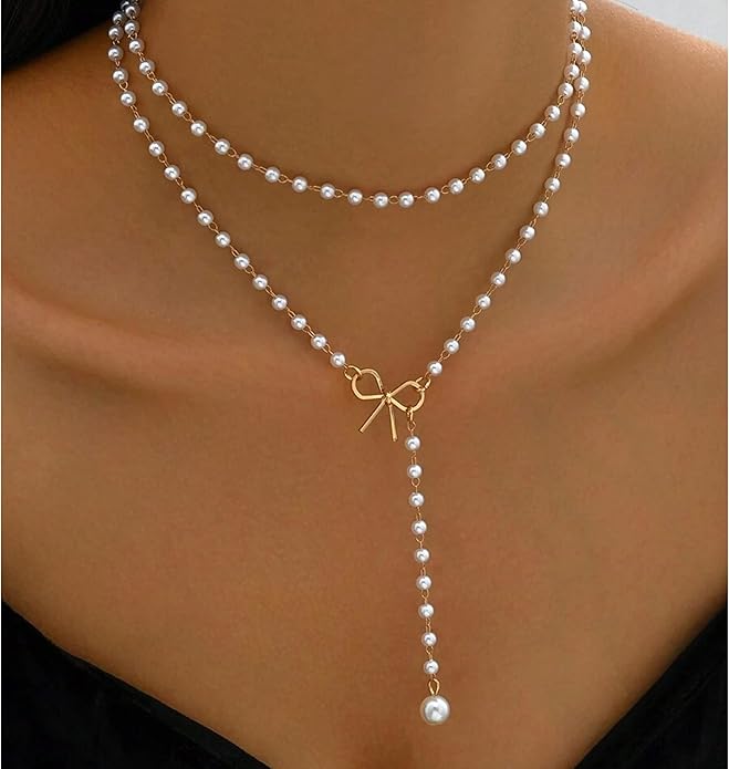 Layered Pearl Choker Necklaces for Women Gold Plated Dainty Trendy Faux Pearl Drop Pendant Y Shaped Layered Gold Necklace Wedding Bridal Jewelry