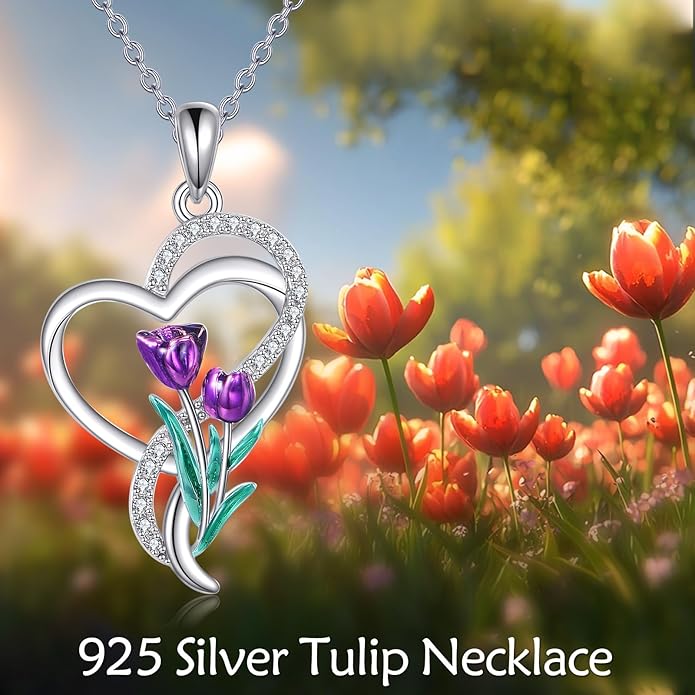Tulip Sunflower Rose Lily of the Valley Sterling Silver Flower Heart Pendant Necklace Gifts for Women Mother Flower Lover