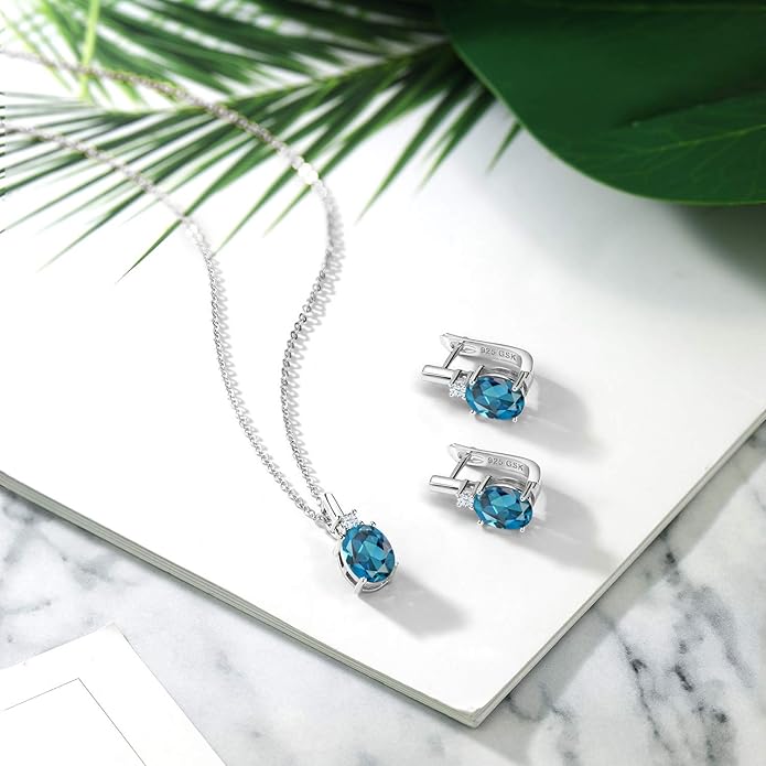 Gemstone Birthstone and White Created Sapphire Pendant and Earrings Jewelry Set for Women in 925 Sterling Silver | Oval 8X6MM and Round 2.5MM | With 18 Inch Chain | Fine Jewelry for Her Mom Women Wife