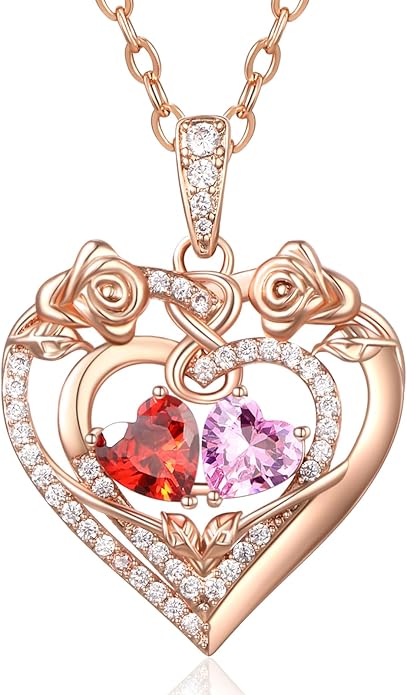 JIYVY32 Rose Heart Necklace for Women Exquisite 925 Sterling Silver Anniversary Birthday Gifts for Wife Mom Her Double Birthstone Pendant Jewelry