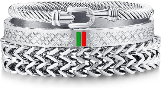 WFYOU 3PCS Stainless Steel Bracelets for Men Gold Roman Numeral Bangle Bracelet Twisted Cable Bracelet Adjustable Cuff Bracelet Mens Luxury Jewelry Bracelets Gifts