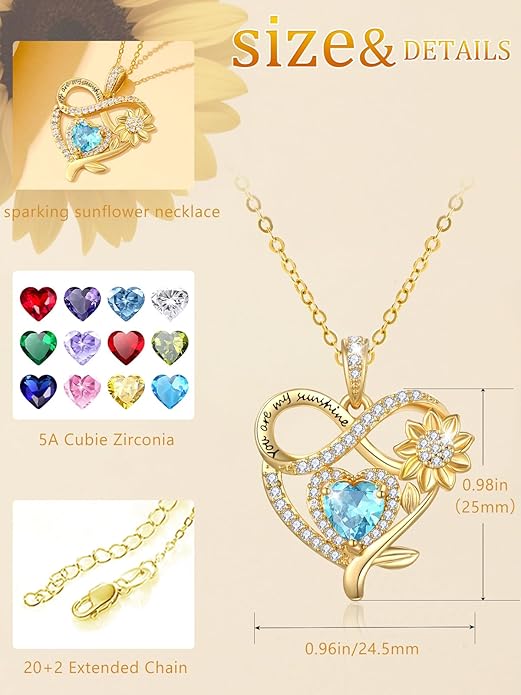 14K Gold Sunflower Heart Necklace for Women, You Are My Sunshine Jewelry with Birthstone Pendant, Anniversary Birthday Gifts for Her Wife Mom Grandma Daughter