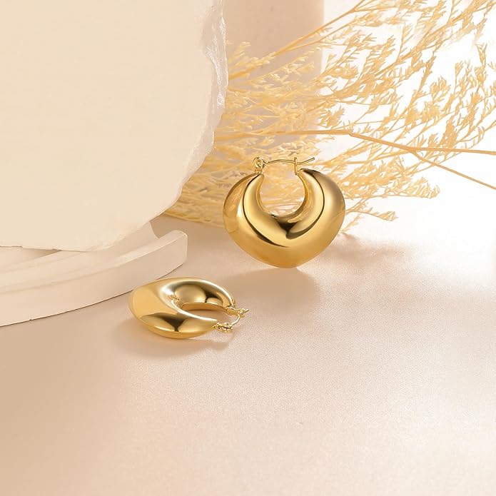 8YEARS Chunky Gold Hoop Earring for Women, 18K Gold Plated Lightweight Thick Hoops, Hypoallergenic Trendy Jewelry for Gift