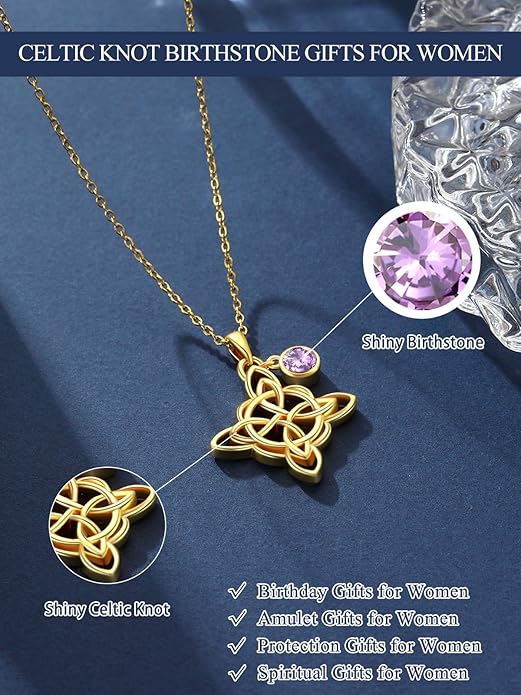 Witches Knot Necklace for Women, 14K Gold Celtic Knot Cross Jewelry with Triquetra Trinity with Birthstone Pendant, Birthday Witchy Spiritual Gifts for Her Wife Mom Grandma, 18+2 Inch Chain