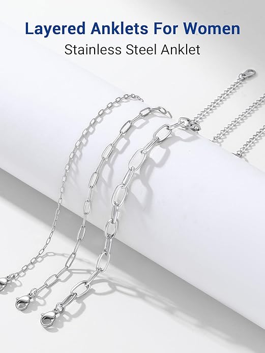 PROSTEEL Stainless Steel Chain Anklets for Women, Silver/Gold Tone, Ankle Bracelets Hypoallergenic, 8-10.5 Inch Adjustable, Come with Box