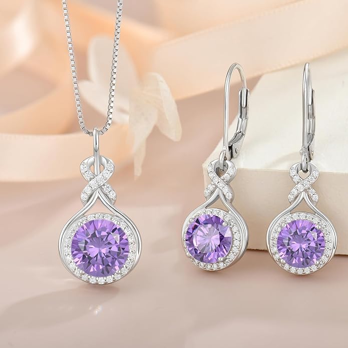 Amethyst Infinity Jewlery Set for Women, 925 Sterling Silver Necklaces and Earrings Halo February Birthstone Jewelry Gift for Birthday Anniversary