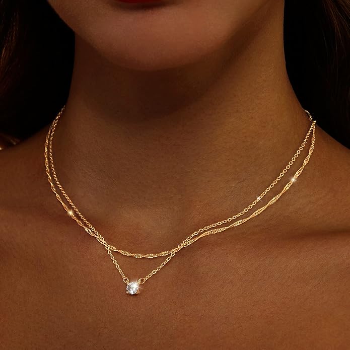 Zeffy Diamond Necklaces for Women, Dainty Gold Necklace 18k Gold Plated Layered Necklaces Simple Gold CZ Diamond Pendant Necklaces for Women Trendy Jewelry Gifts for Girls