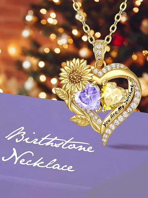Sunflower Heart Necklace for Women 14K Gold Exquisite Anniversary Birthday Gifts for Wife Mother Her Double Birthstone Pendant jewelry‘You Are My Sunshine’