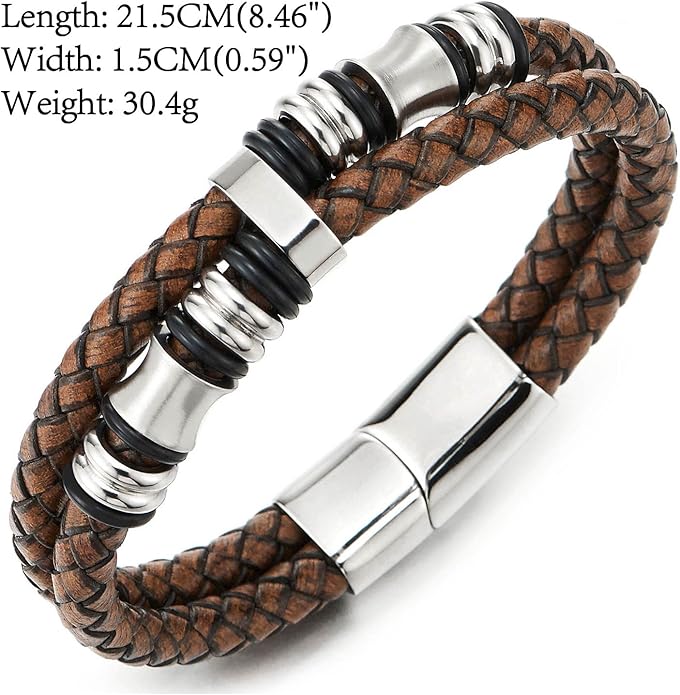 COOLSTEELANDBEYOND Mens Double-Row Braided Leather Bracelet Bangle Wristband with Stainless Steel Ornaments
