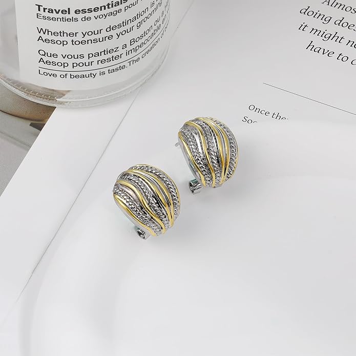 Two Tone Huggie Hoop Earrings Cross Over Design Twisted Rope Silver Gold Statement Wide Band Clip On Hoops for Women Fashion Jewelry Gift