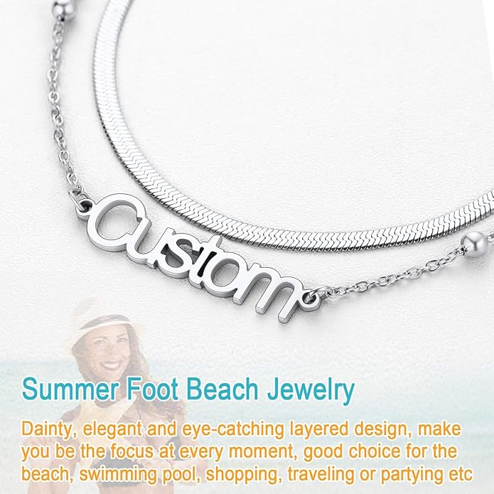 U7 Custom Layered Ankle Bracelets for Women Stainless Steel Bead/Cuban/Figaro/Rope/Wheat Chain Anklet Waterproof Anklet Jewelry for Beach Vacation