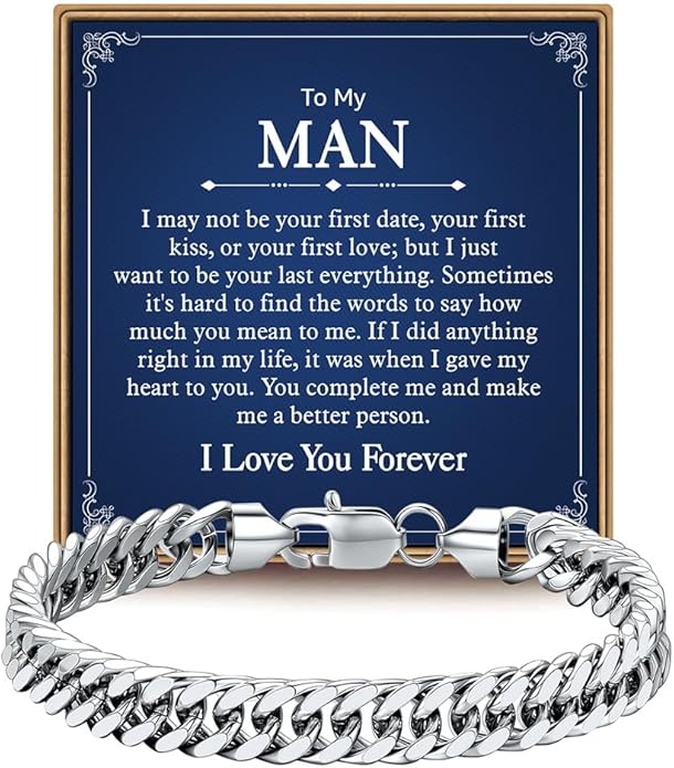 IEFLIFE Bracelet Gifts for Men Him - Silver/Black Stainless Steel Cuban Link Chain Bracelet Gifts for Son Grandson, Fathers Day Anniversary Birthday Gift for Men Husband, 8mm Bracelets Gift Jewelry