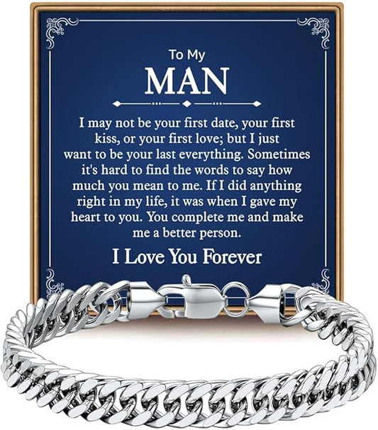 IEFLIFE Bracelet Gifts for Men Him - Silver/Black Stainless Steel Cuban Link Chain Bracelet Gifts for Son Grandson, Fathers Day Anniversary Birthday Gift for Men Husband, 8mm Bracelets Gift Jewelry
