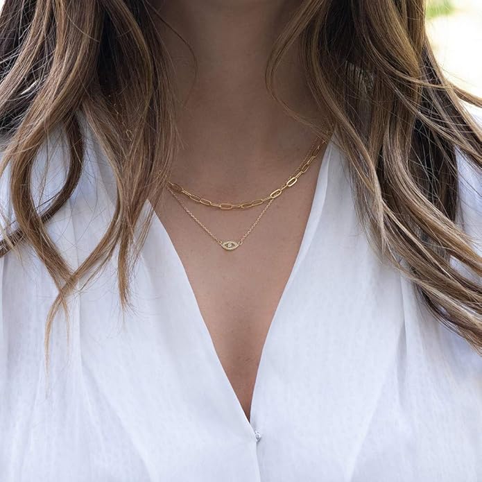 Turandoss Dainty Layered Choker Necklace, Handmade Y Pendant Necklace Multilayer Bar Disc Necklace Adjustable Layering Choker Necklaces for Women
