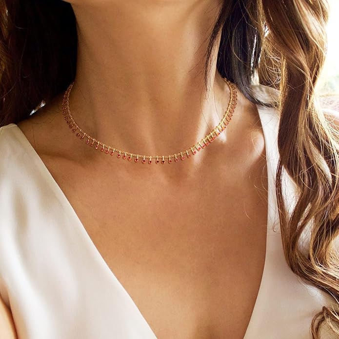 MTMY Beaded Necklaces for Women 14K Gold Plated Dainty Colorful Green/Rose Beaded Pearl Choker Necklace Delicate Boho Choker Necklace Jewelry Gift