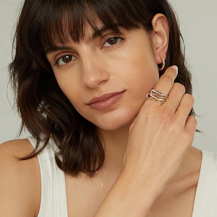 NOKMIT 14K Gold Plated 4 Interlocking Stackable Rings Set with CZ Cubic Zirconia Gold & Silver Mixed Metals Multi-Link Connected Statement Bands for Women Hypoallergenic Non Tarnish Jewelry Gifts